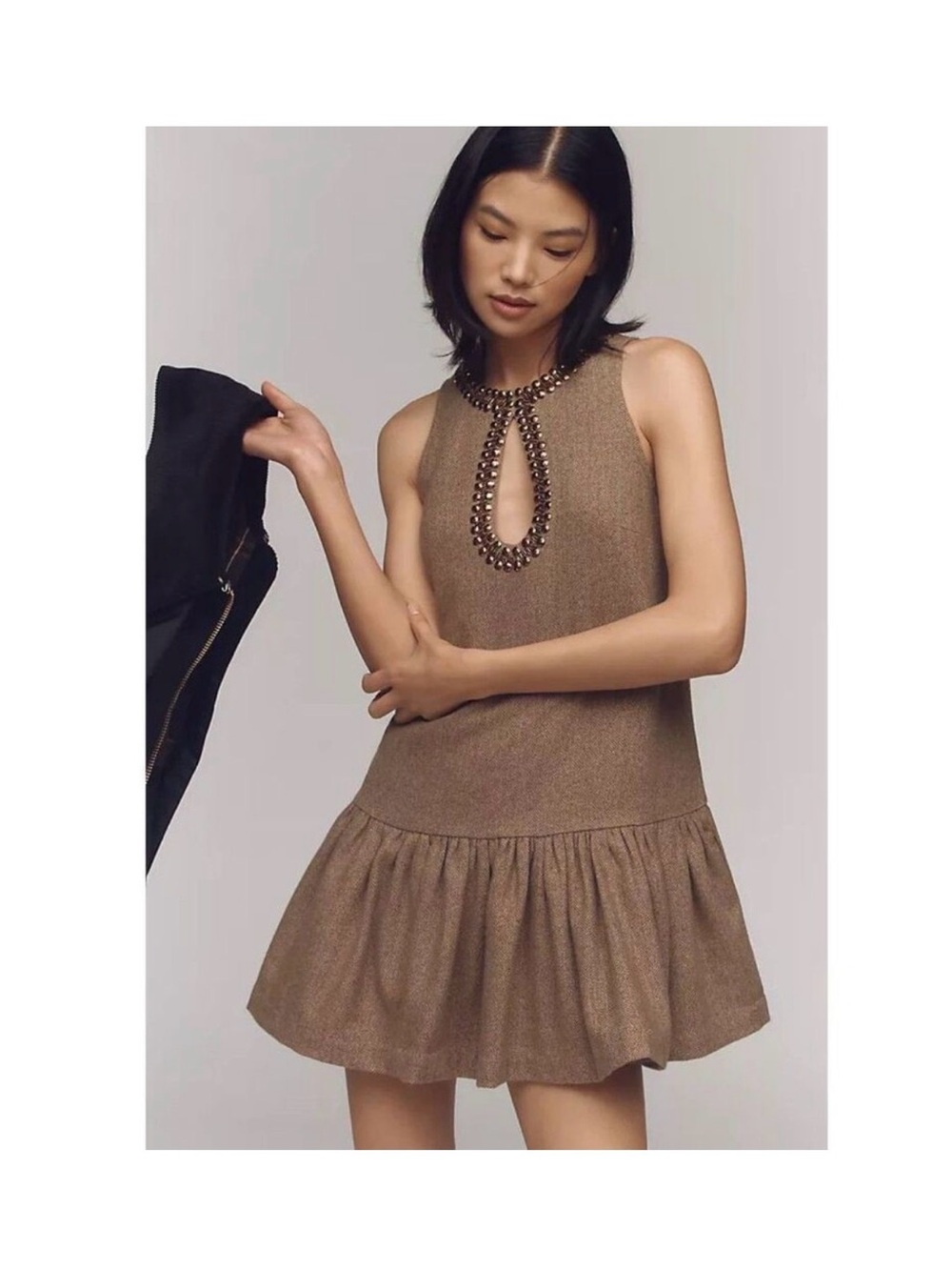 Sleeveless Brown Keyhole Ruffle-Hem Dress